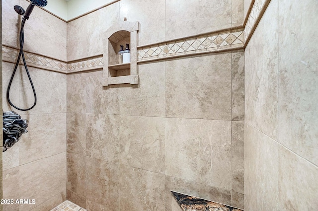 interior details featuring a tile shower