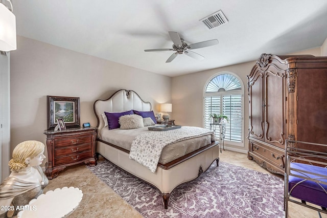 bedroom with a ceiling fan and visible vents