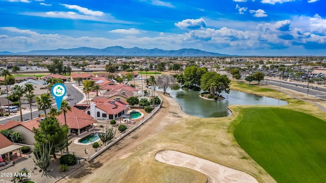 aerial view featuring a residential view and a water and mountain view