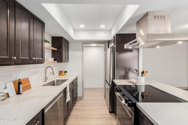 kitchen with island range hood, a sink, light countertops, appliances with stainless steel finishes, and open shelves