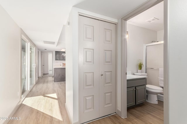 bathroom with a stall shower, a closet, wood finished floors, and vanity