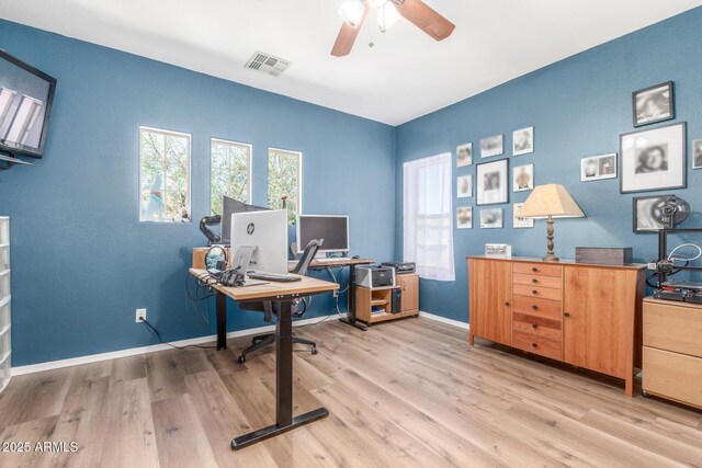 14363 W Acapulco Ln, Surprise, AZ 85379 - home office with light wood-style flooring, baseboards, ceiling fan, and visible vents