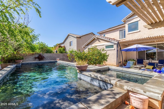 14363 W Acapulco Ln, Surprise, AZ 85379 - view of swimming pool featuring a patio, a fenced in pool, a fenced backyard, and an in ground hot tub