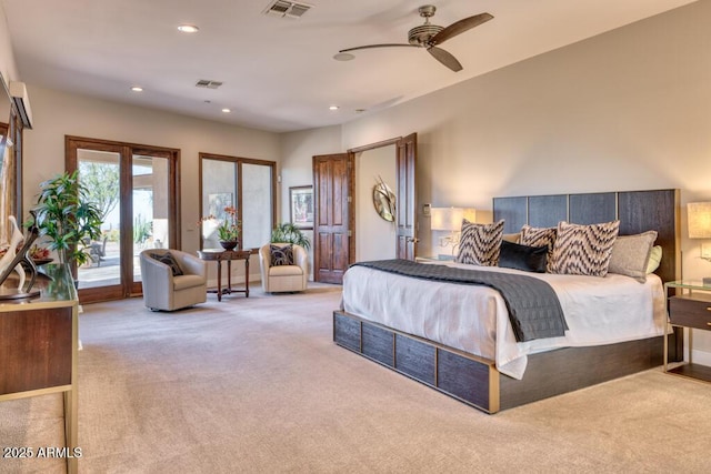 bedroom featuring access to exterior, visible vents, recessed lighting, and carpet floors