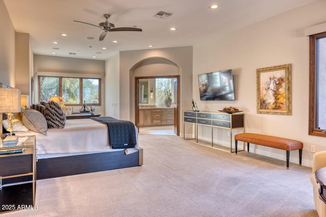 bedroom with recessed lighting, visible vents, carpet floors, and baseboards