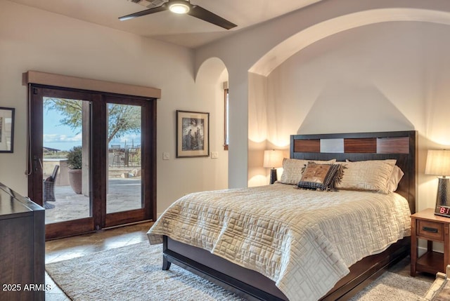 bedroom featuring access to outside and ceiling fan