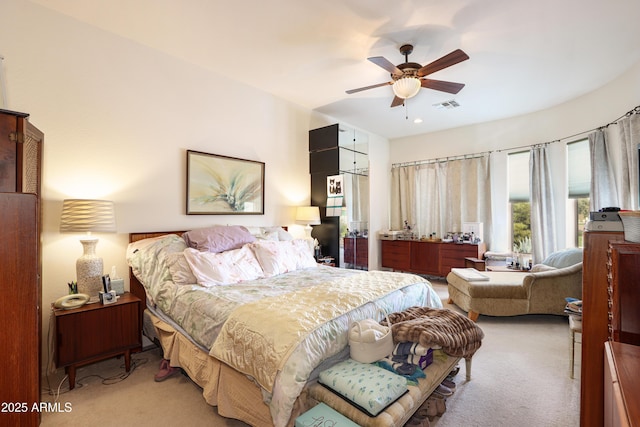 bedroom featuring ceiling fan, carpet, and visible vents