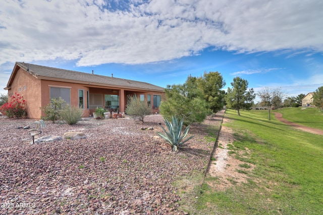 back of house featuring a lawn and stucco siding