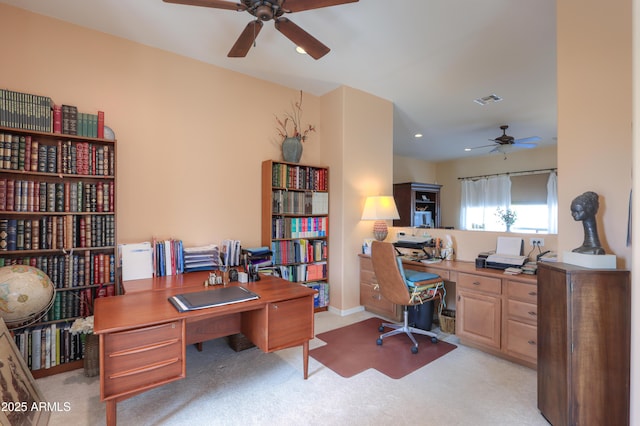 office area featuring recessed lighting, light colored carpet, ceiling fan, and visible vents