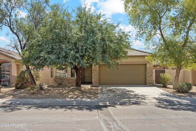 obstructed view of property with a garage