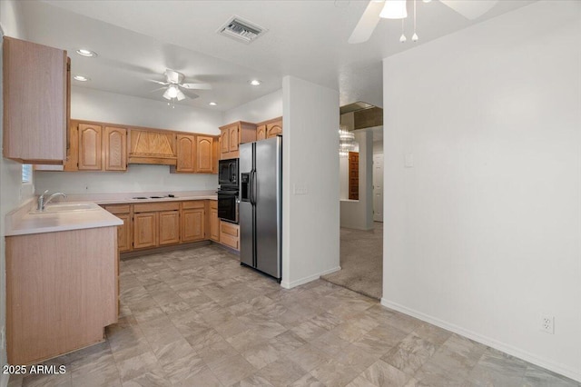 5200 S Lakeshore Dr Unit 120, Tempe, AZ 85283 - kitchen featuring black appliances, a ceiling fan, a sink, light countertops, and recessed lighting