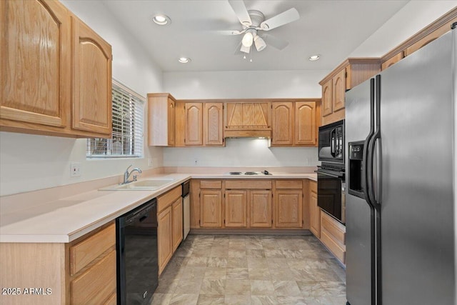 5200 S Lakeshore Dr Unit 120, Tempe, AZ 85283 - kitchen with black appliances, a sink, custom range hood, ceiling fan, and recessed lighting