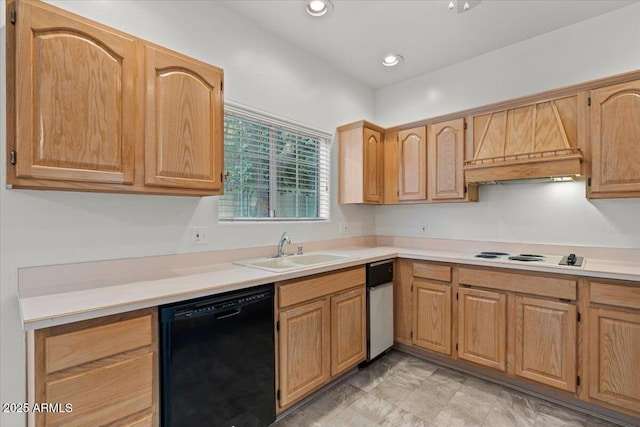 5200 S Lakeshore Dr Unit 120, Tempe, AZ 85283 - kitchen with dishwasher, a sink, white electric stovetop, light countertops, and premium range hood