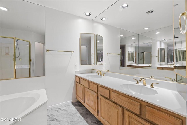 5200 S Lakeshore Dr Unit 120, Tempe, AZ 85283 - full bath featuring a shower stall, a garden tub, marble look tiles, double vanity, and recessed lighting