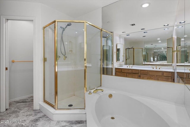 5200 S Lakeshore Dr Unit 120, Tempe, AZ 85283 - full bath with a stall shower, a bath, double vanity, and recessed lighting
