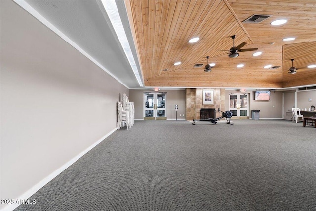 5200 S Lakeshore Dr Unit 120, Tempe, AZ 85283 - exercise area featuring wood ceiling, carpet, baseboards, ceiling fan, and recessed lighting