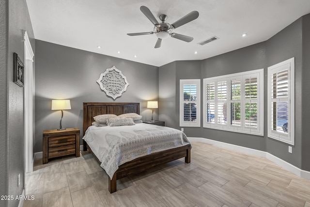 bedroom featuring recessed lighting, baseboards, visible vents, and ceiling fan