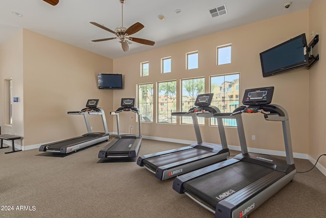 workout area featuring carpet flooring and ceiling fan