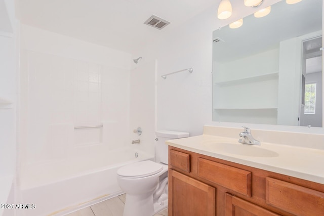full bathroom with toilet, vanity, shower / tub combination, and tile patterned flooring