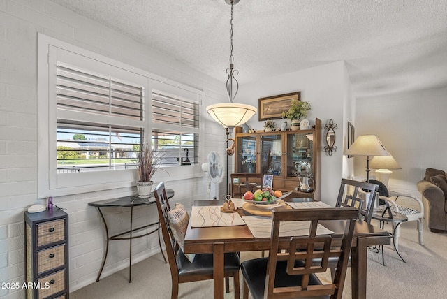 carpeted dining room with a textured ceiling