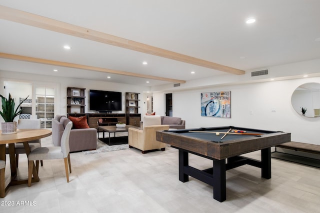 playroom with recessed lighting, visible vents, beamed ceiling, and billiards