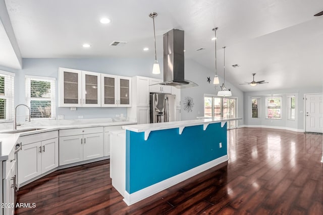 2230 N Los Alamos, Mesa, AZ 85213 - kitchen featuring stainless steel fridge, a sink, vaulted ceiling, island exhaust hood, and ceiling fan
