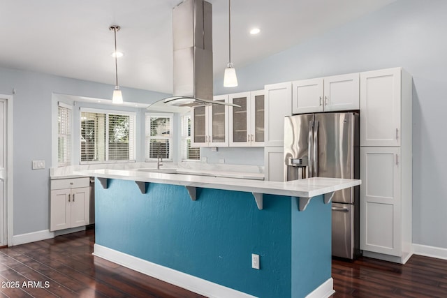 2230 N Los Alamos, Mesa, AZ 85213 - kitchen featuring stainless steel refrigerator with ice dispenser, island range hood, dark wood-style flooring, white cabinets, and glass insert cabinets