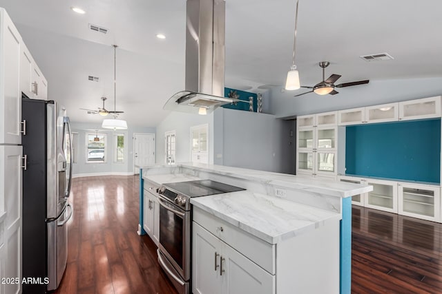 2230 N Los Alamos, Mesa, AZ 85213 - kitchen with stainless steel appliances, a ceiling fan, island range hood, lofted ceiling, and white cabinetry