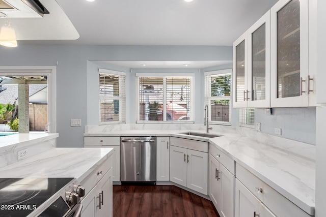 2230 N Los Alamos, Mesa, AZ 85213 - kitchen featuring appliances with stainless steel finishes, a sink, dark wood-style flooring, white cabinets, and plenty of natural light