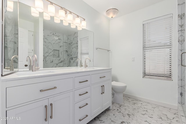 2230 N Los Alamos, Mesa, AZ 85213 - full bath featuring marble finish floors, double vanity, a marble finish shower, and toilet