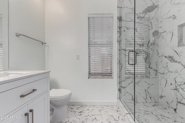 2230 N Los Alamos, Mesa, AZ 85213 - bathroom featuring a marble finish shower, marble finish flooring, toilet, vanity, and baseboards