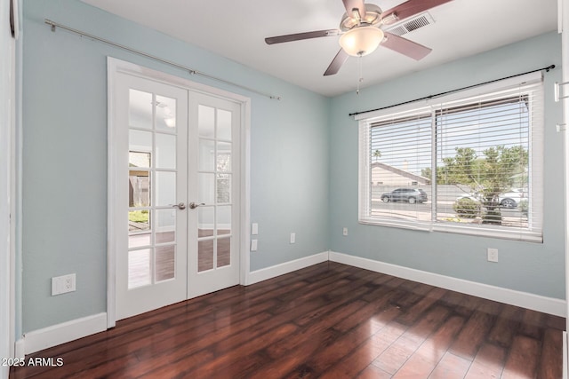 2230 N Los Alamos, Mesa, AZ 85213 - unfurnished room featuring french doors, dark wood finished floors, baseboards, and ceiling fan