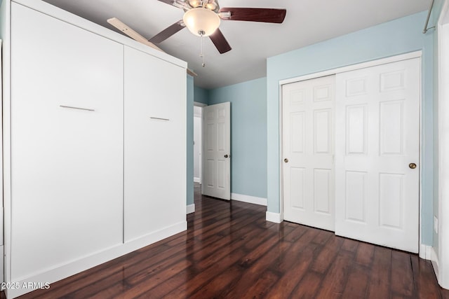 2230 N Los Alamos, Mesa, AZ 85213 - unfurnished bedroom featuring dark wood-style floors, baseboards, ceiling fan, and a closet
