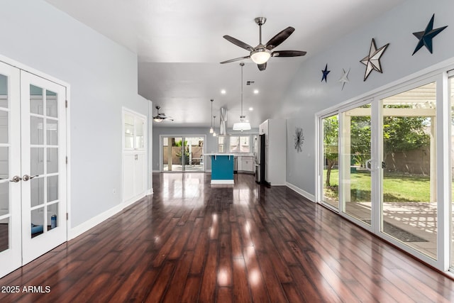 2230 N Los Alamos, Mesa, AZ 85213 - unfurnished living room featuring french doors, a ceiling fan, dark wood-type flooring, baseboards, and high vaulted ceiling