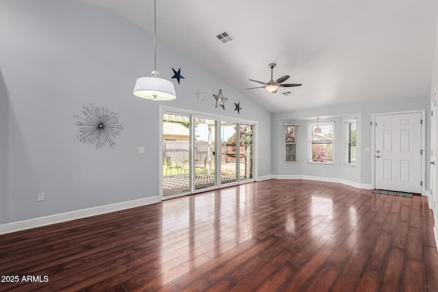 2230 N Los Alamos, Mesa, AZ 85213 - unfurnished living room featuring high vaulted ceiling, ceiling fan, baseboards, and wood finished floors