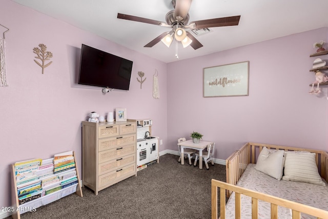 bedroom with dark colored carpet, visible vents, ceiling fan, and baseboards