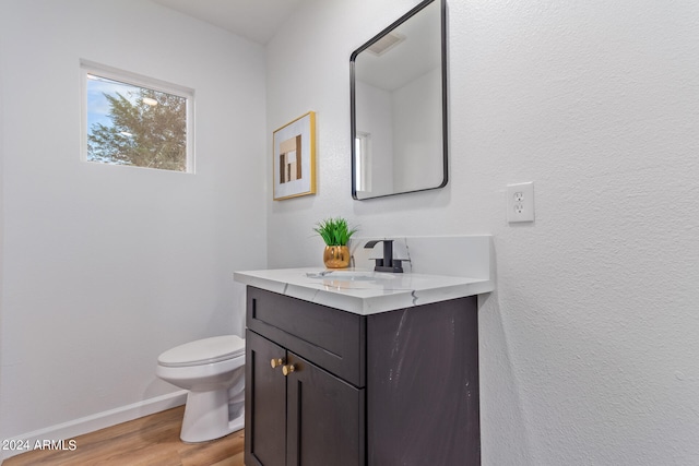 bathroom with vanity, toilet, and wood-type flooring