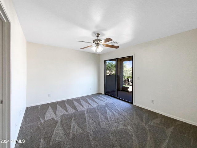 unfurnished room featuring visible vents, baseboards, a ceiling fan, and carpet flooring