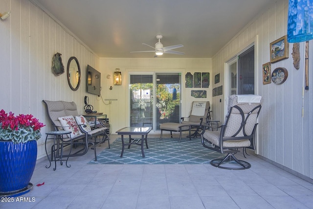 exterior space featuring ceiling fan