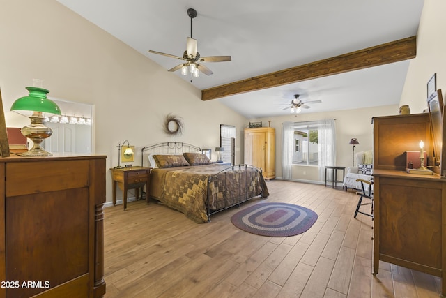 bedroom featuring vaulted ceiling with beams, ceiling fan, and light hardwood / wood-style flooring