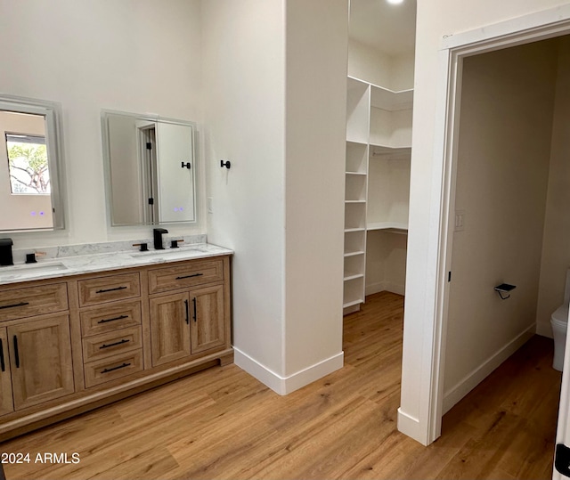 bathroom with vanity, wood-type flooring, and toilet