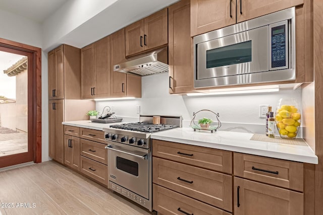 kitchen featuring light wood-type flooring, stainless steel appliances, and light stone counters