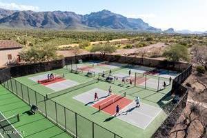 view of sport court featuring a mountain view