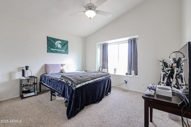 bedroom with ceiling fan, carpet, and vaulted ceiling