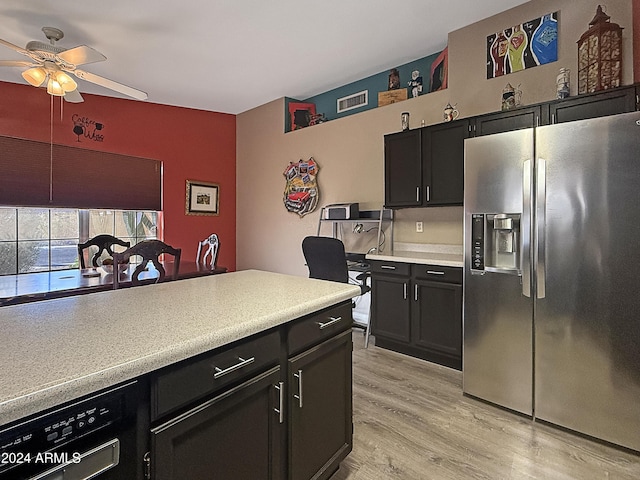 kitchen featuring dishwasher, stainless steel refrigerator with ice dispenser, light wood-type flooring, and ceiling fan