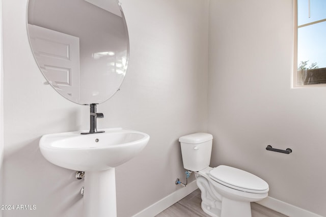 bathroom with toilet and hardwood / wood-style floors