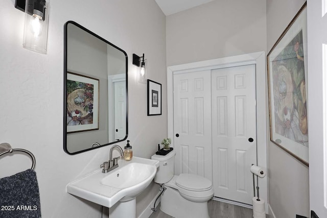 bathroom with a sink, toilet, and wood finished floors