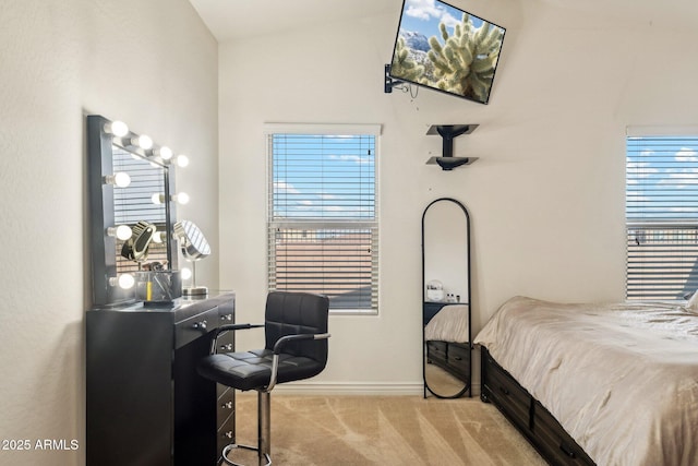 bedroom featuring light carpet