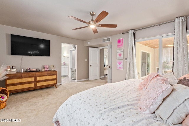 5913 E Thomas Rd, Scottsdale, AZ 85251 - bedroom featuring light colored carpet, access to outside, connected bathroom, a ceiling fan, and baseboards