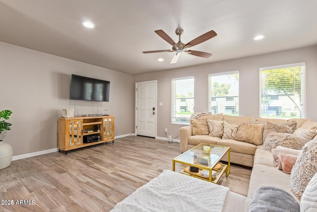 5913 E Thomas Rd, Scottsdale, AZ 85251 - living room with ceiling fan, baseboards, light wood-style floors, and recessed lighting